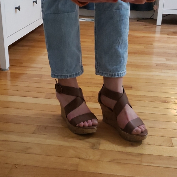 Strappy Cognac/Tan Faux Leather Wedge Sandal - Picture 2 of 5